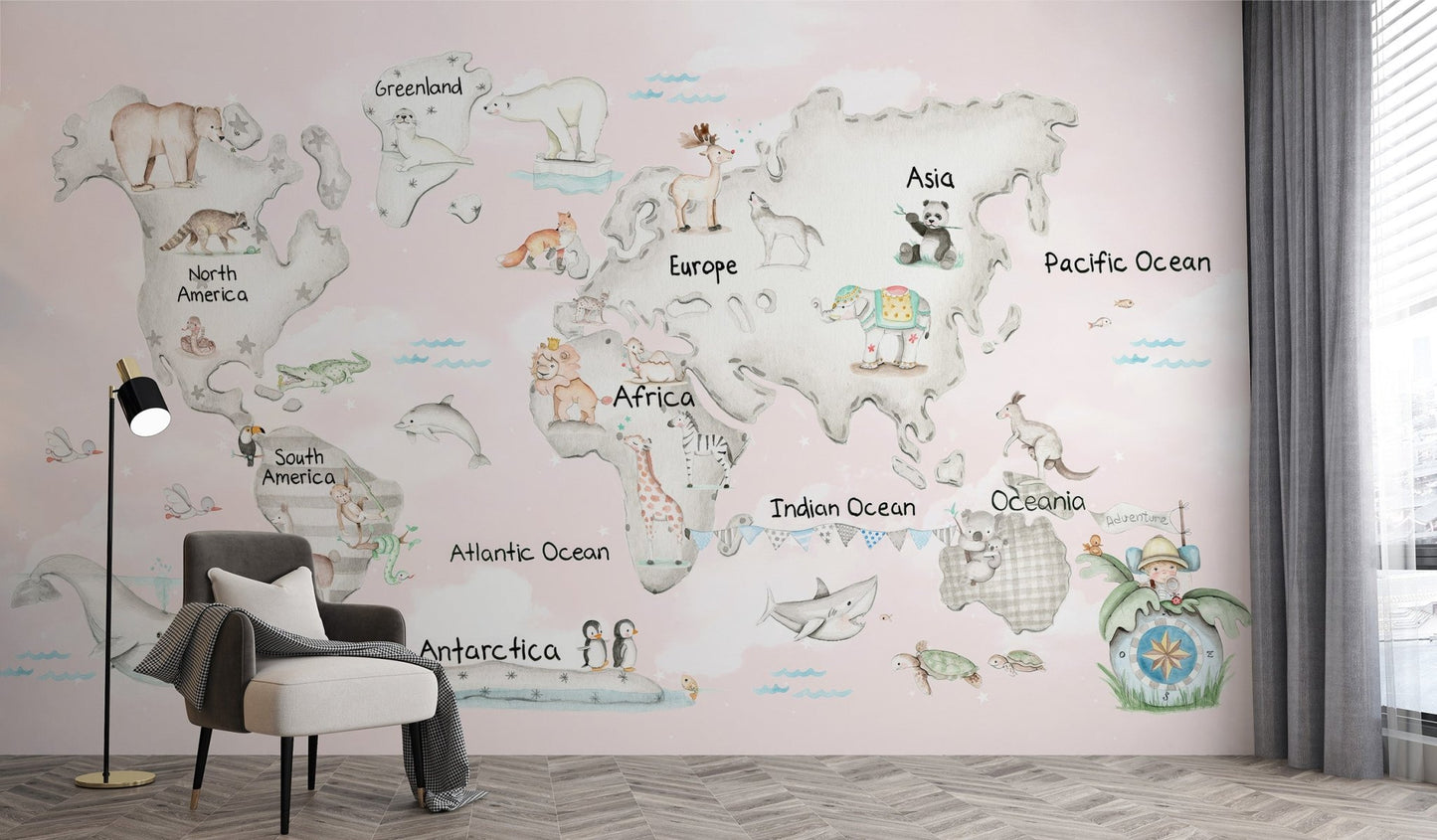 Playful Global Wildlife Wallpaper Mural - Wallanza