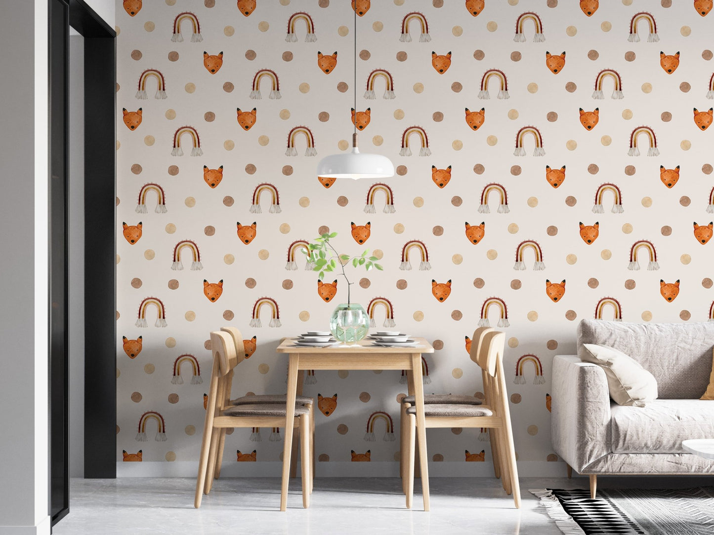 Modern dining space with polka dot fox wallpaper and grey furniture.