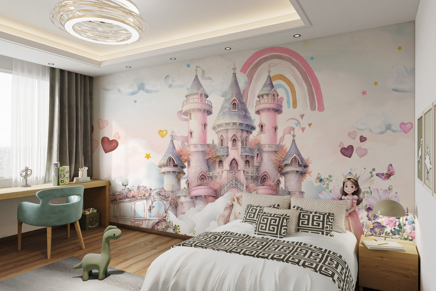 Dreamy watercolor castle with a sleeping unicorn wall mural.