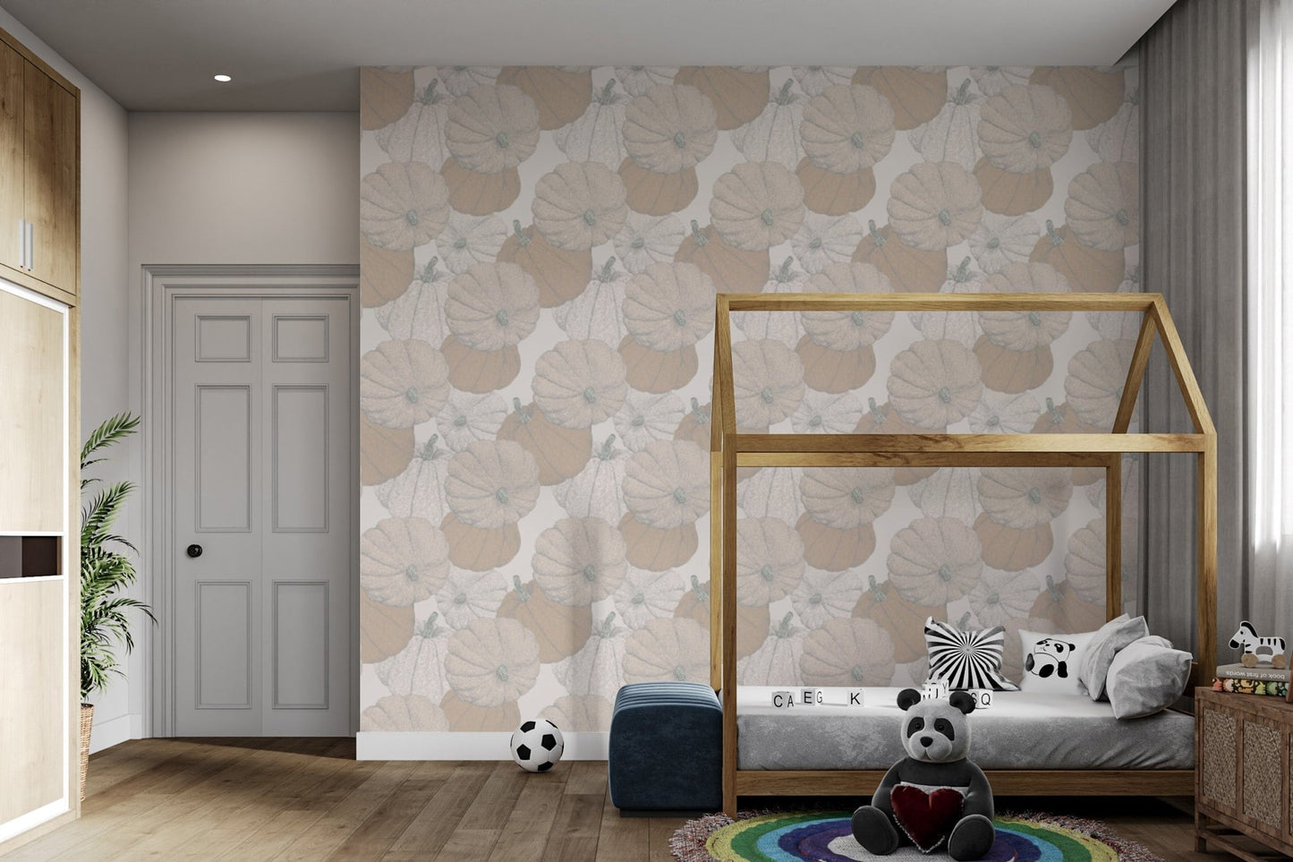 Vibrant pumpkin patch wallpaper with artistic details for kids space.