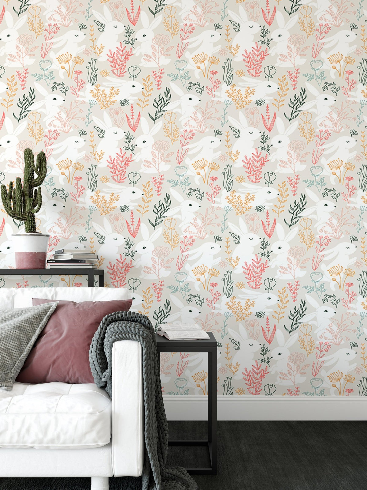 Rabbits Grass and Colorful Leaves Removable Wallpaper in living area with white sofa.
