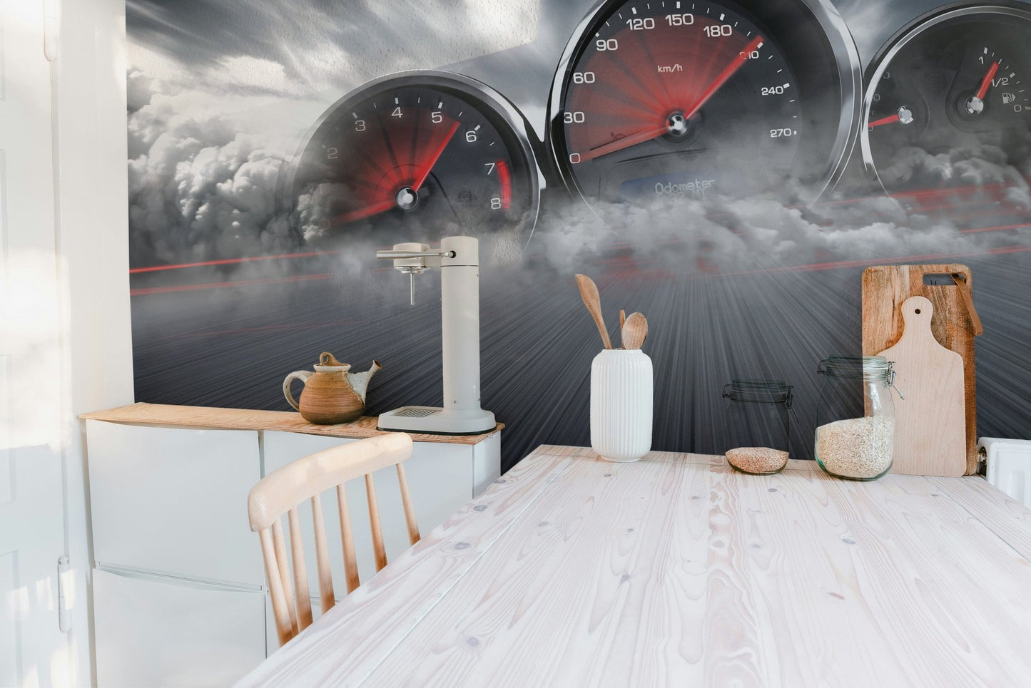 Sports car speedometer wallpaper mural in bold color.
