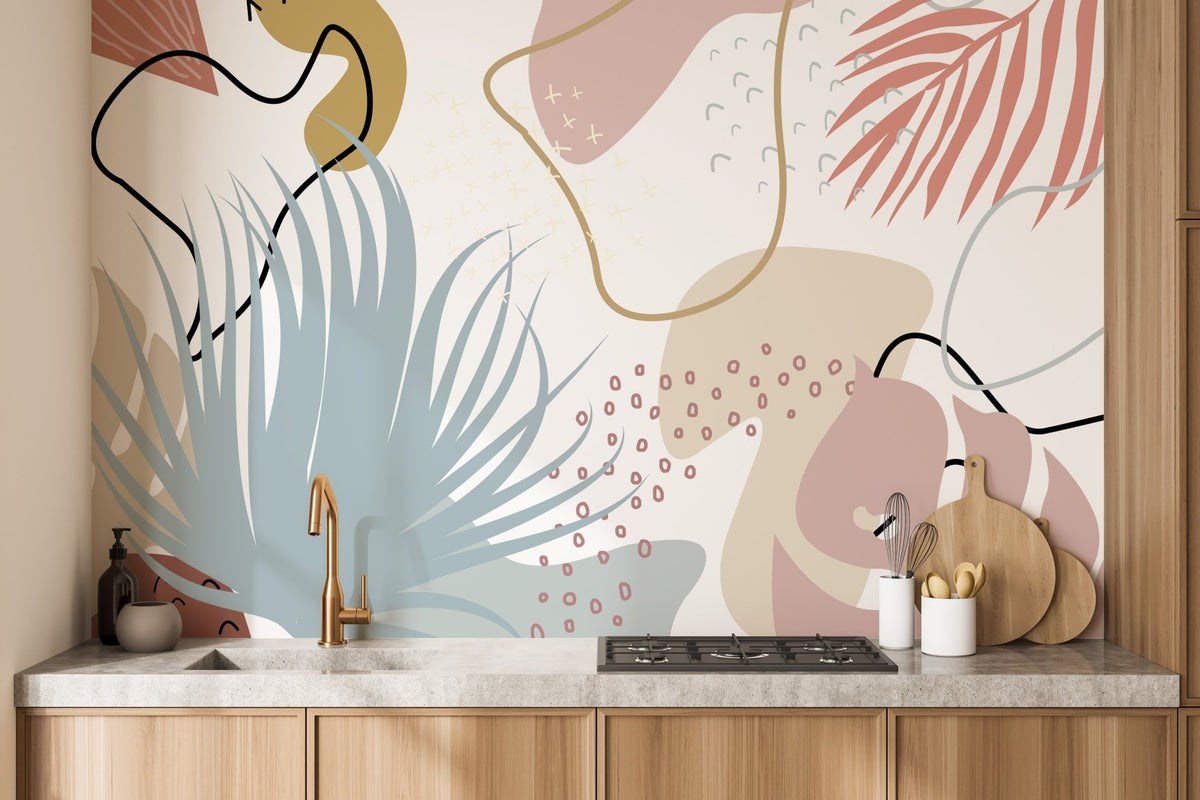 Artistic autumn mural with glowing leaves and seasonal charm in kitchen backdrop.