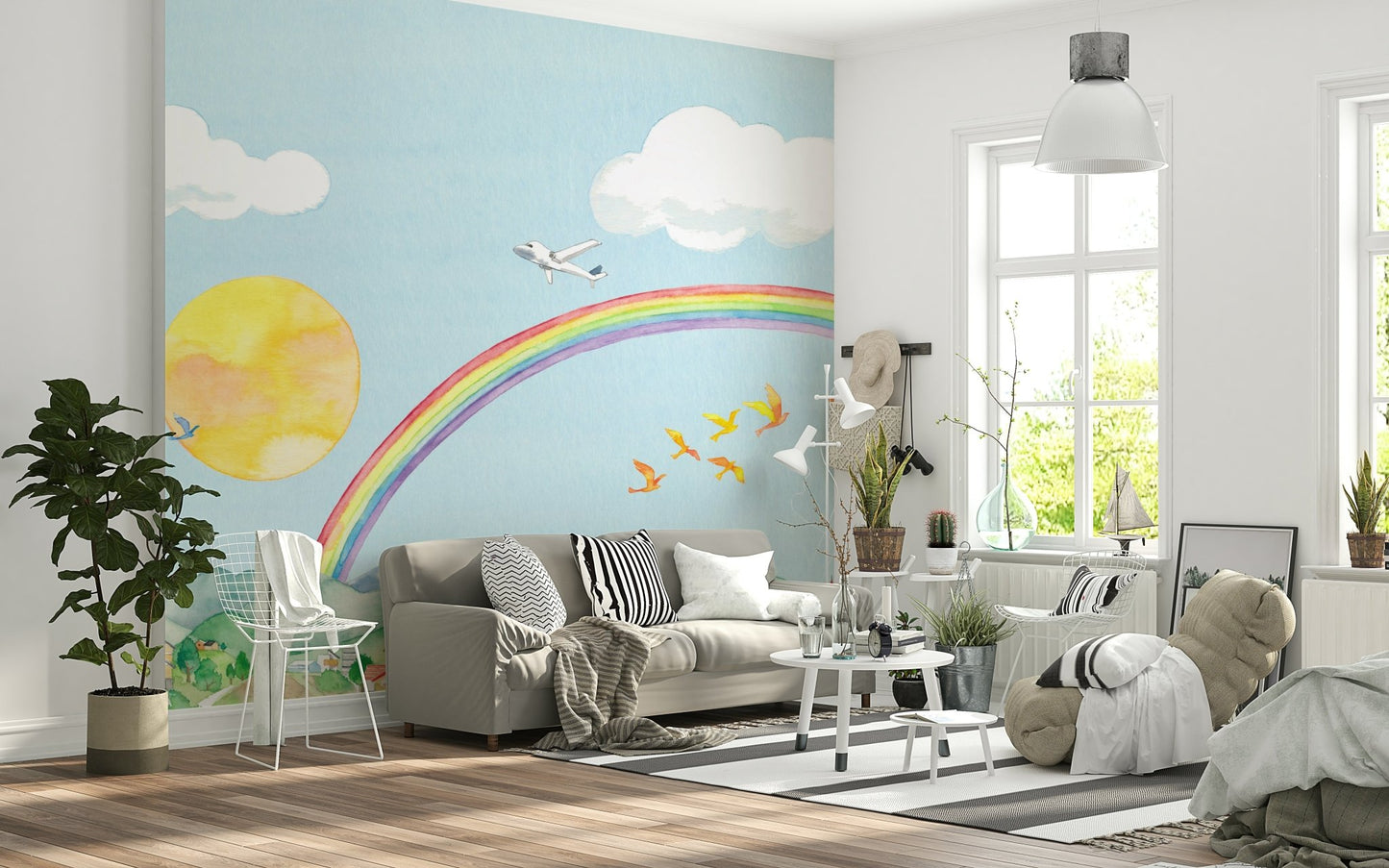 Rainbow Flight A Cityscape in Watercolor Wall Mural - Wallanza