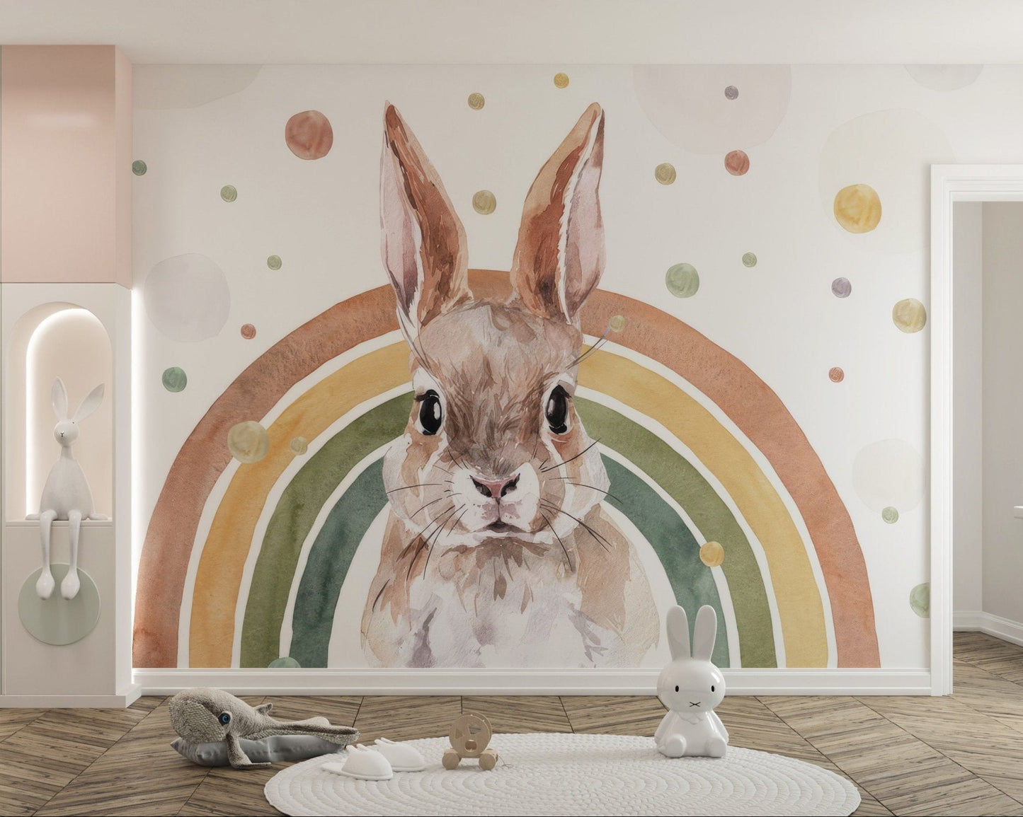Rainbow rabbit wall mural with modern pastel design.