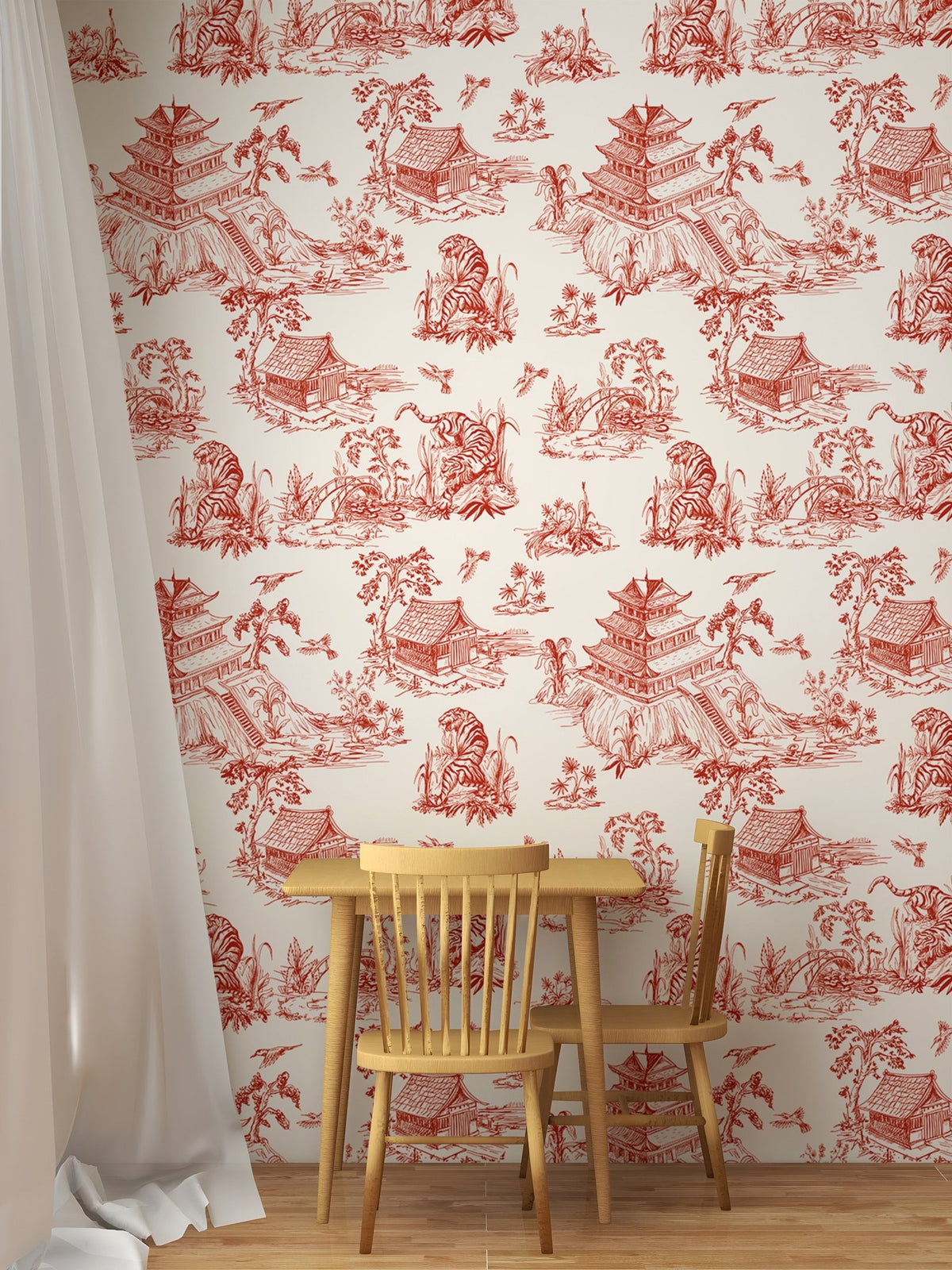 Red pastoral wallpaper in a modern apartment dining space with wooden sitting.