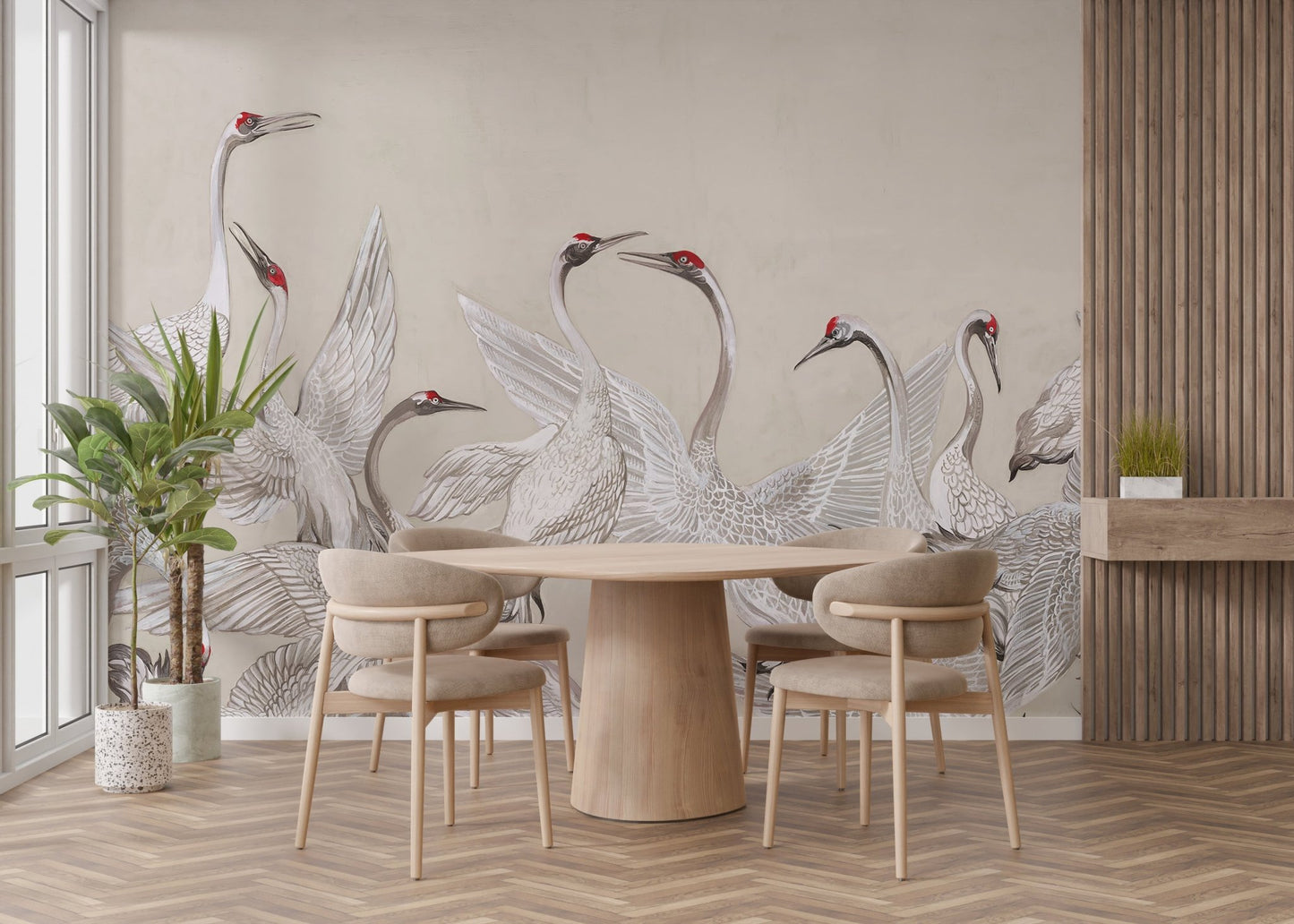 Red Crowned Cranes Dance Mural - Wallanza