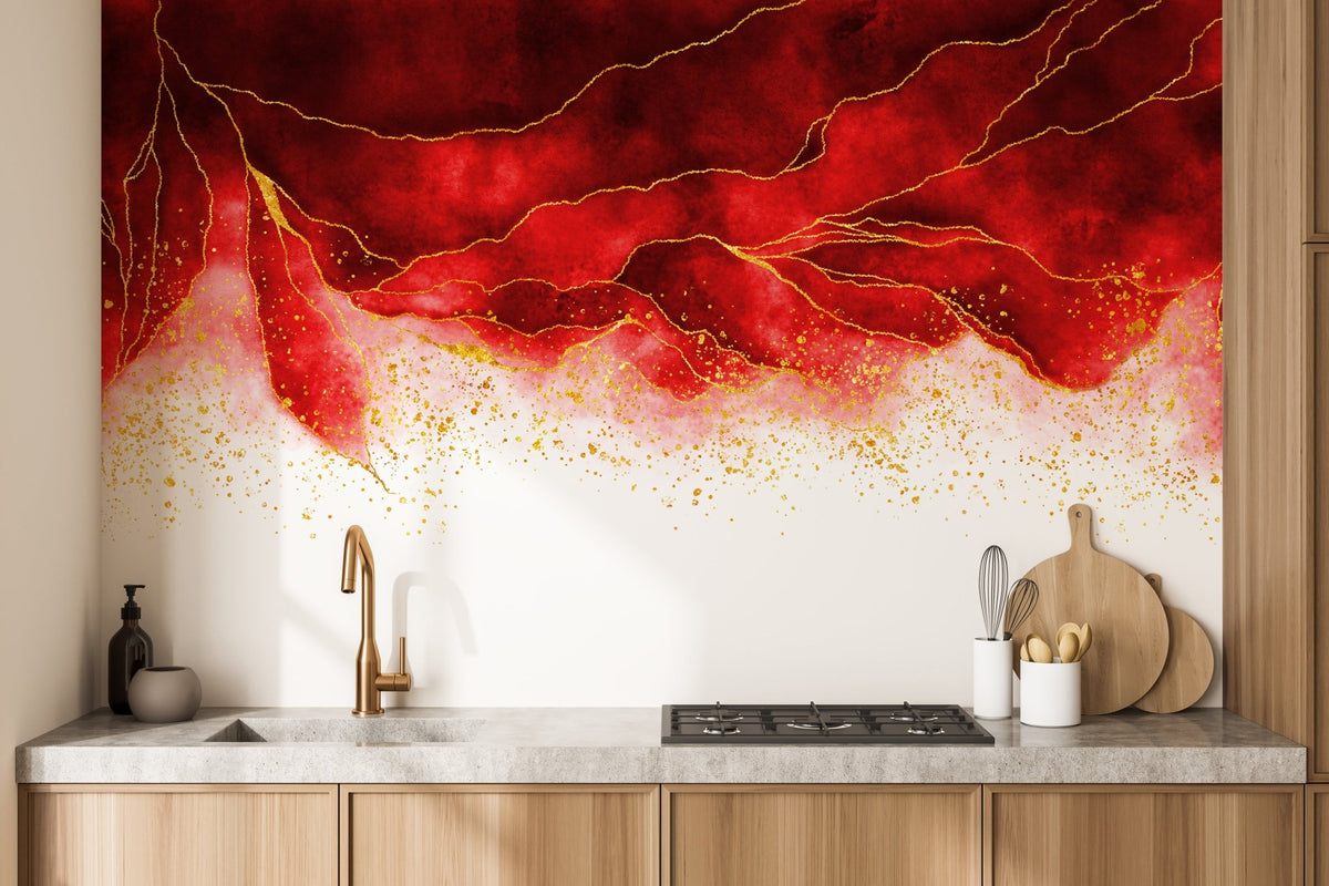 Kitchen backsplash area featuring red watercolor golden shiny border wall mural.