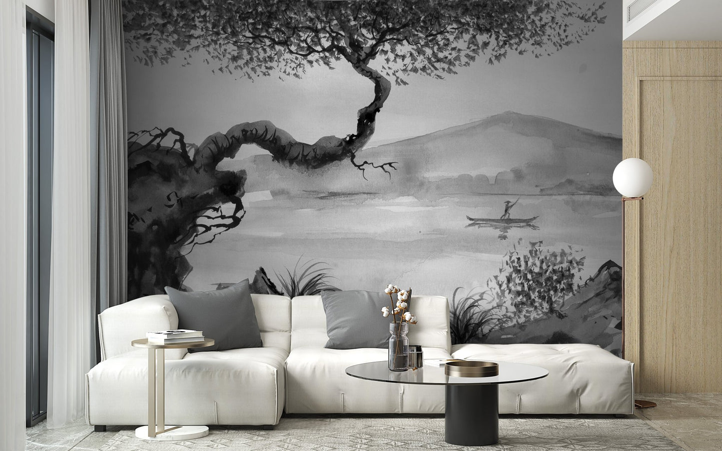 Low profile white sofa in front of a charcoal ink wash lakeview wall mural.