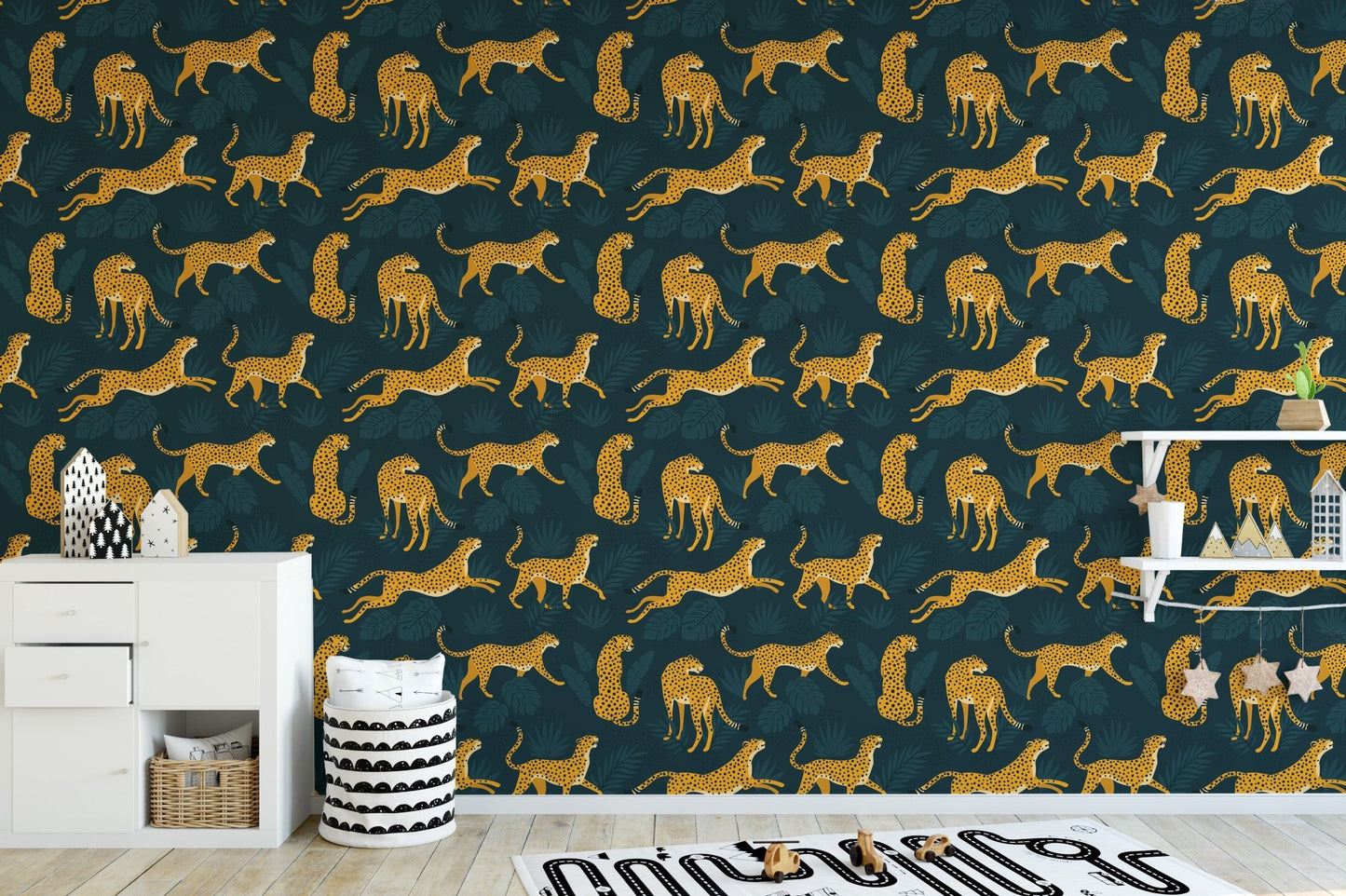 Eye-catching yellow leopard wallpaper mural