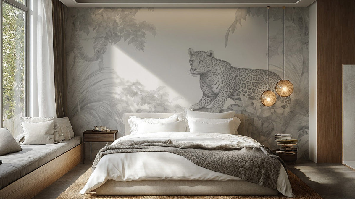 Wildlife art wall mural with a resting leopard and layered tropical foliage.