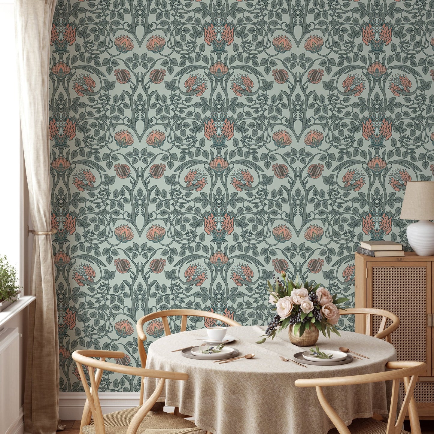 Retro Vintage Enchanted Floral Wallpaper in a dining room setup.