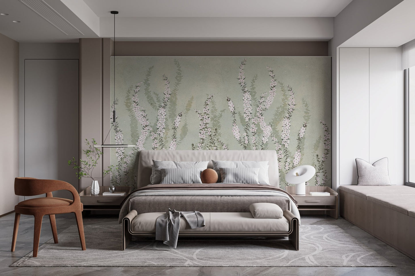Modern flat bedroom with low bed and green floral wall mural background.