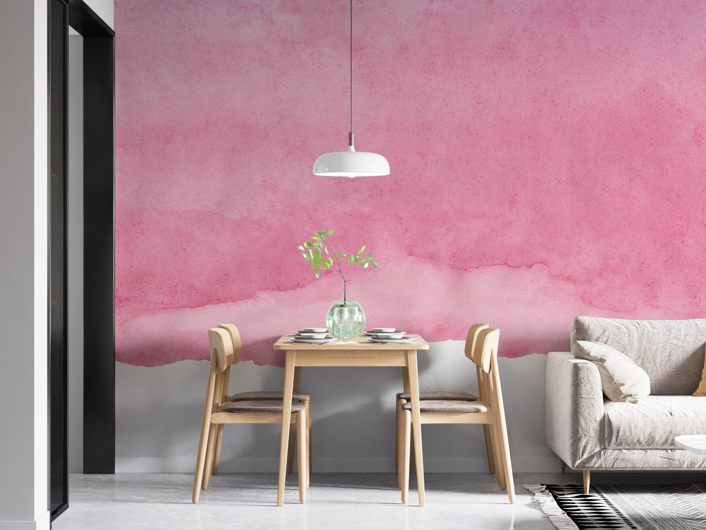 Two-tone pink and white wall mural in a bright modern dining space.