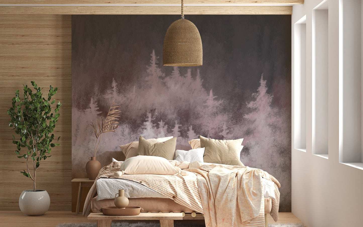 Ethereal rose woodland mural for stylish bedroom wall