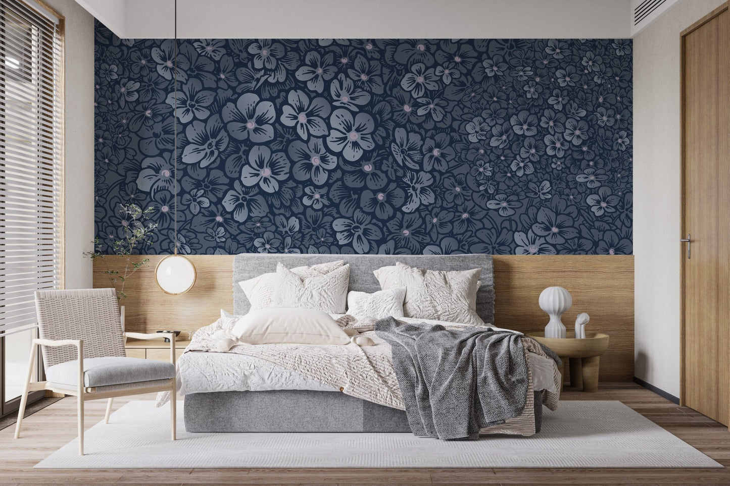 Royal Navy Floral Delight Wall Murals in a minimalist bedroom with light wood.
