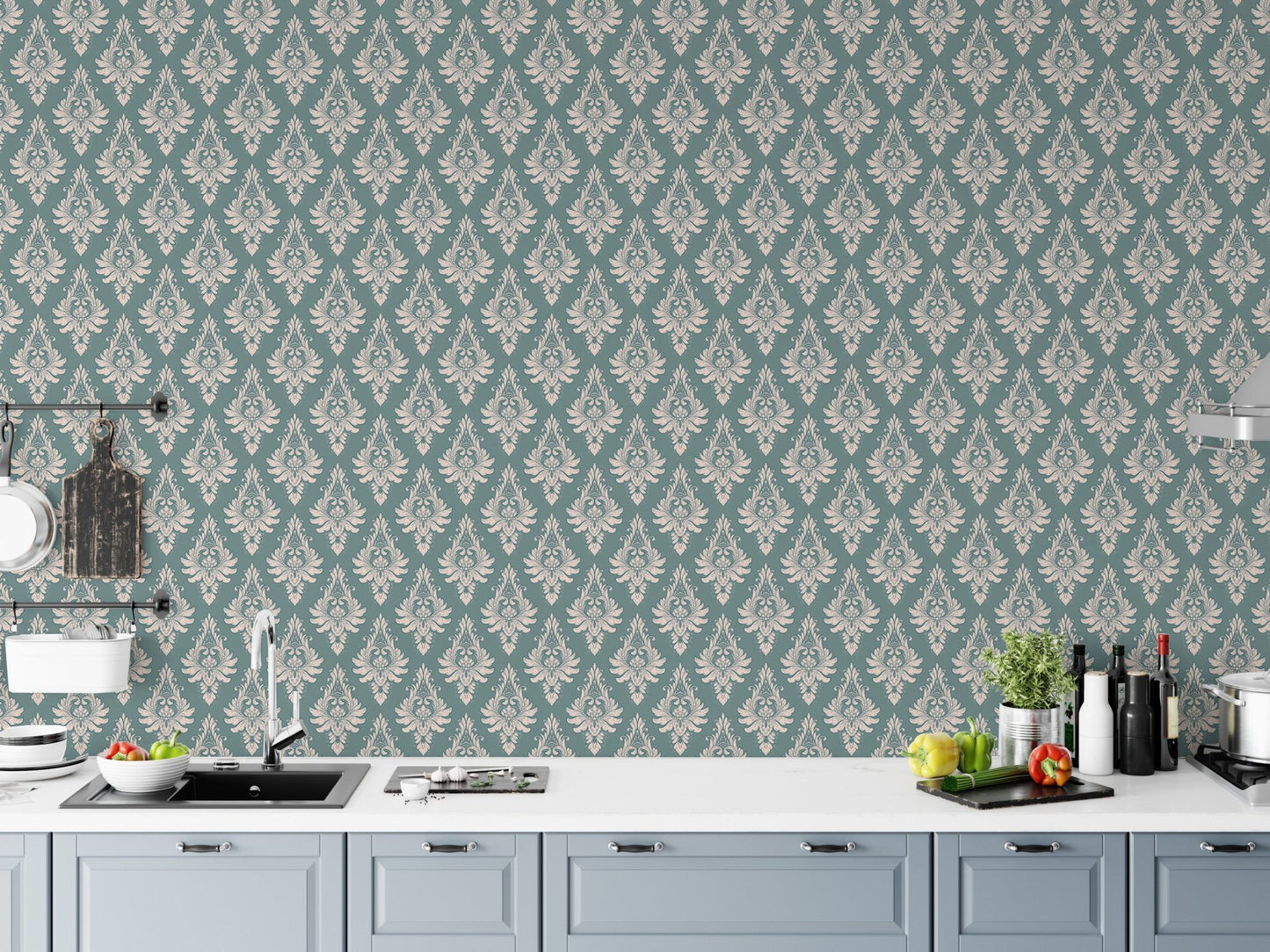 Kitchen backsplash area featuring a water-resistant damask wallpaper design.
