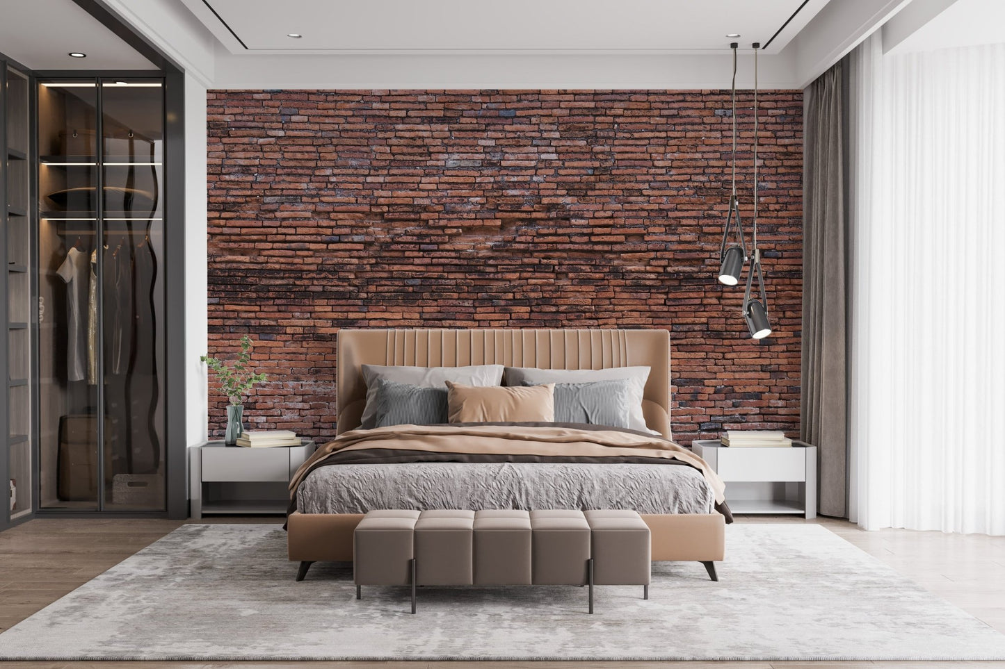 Urban style brick wallpaper mural for a master bedroom with neutral bedding.