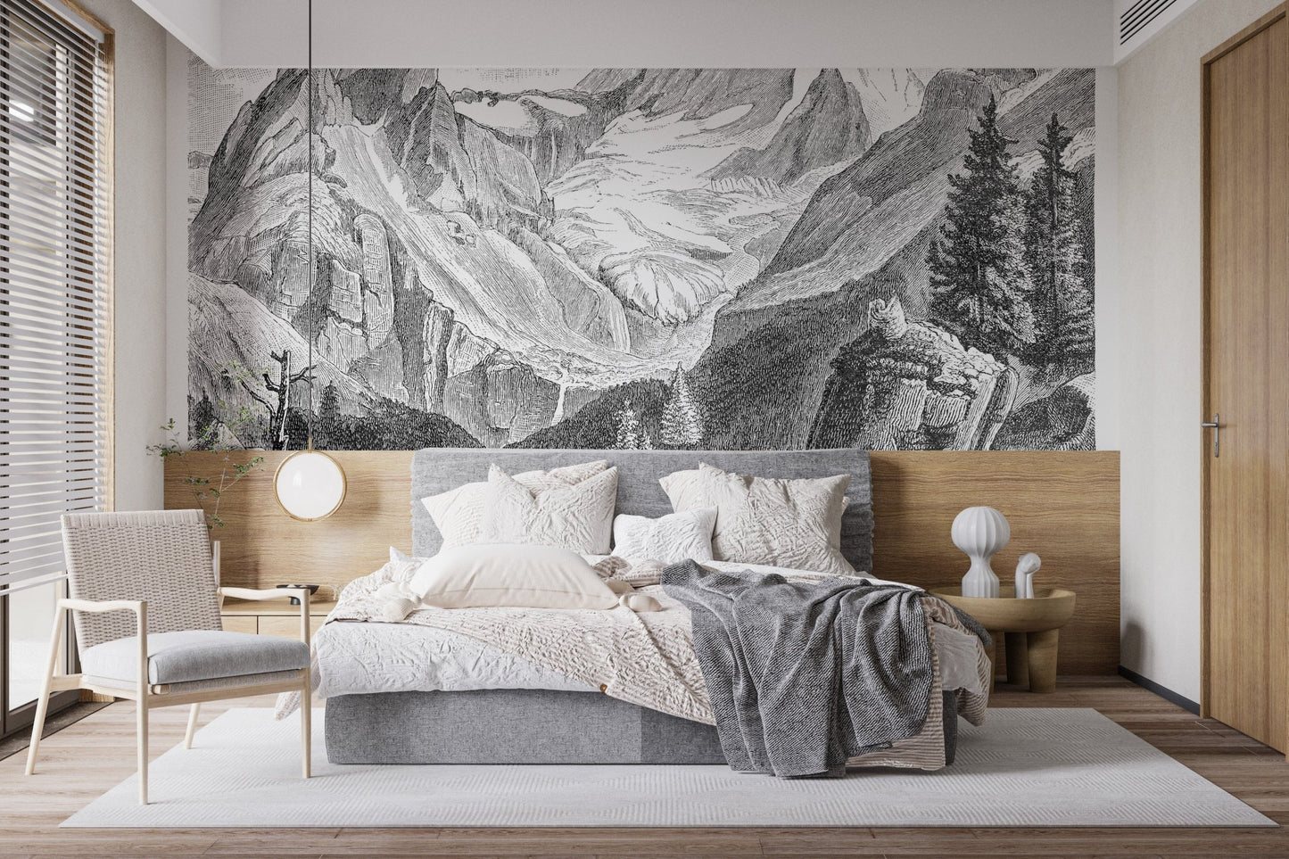 Sketch mountain wall mural in a neutral bedroom with a wooden headboard.