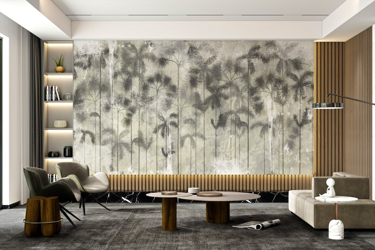Vertical tree trunk wall mural with tropical foliage for flats.
