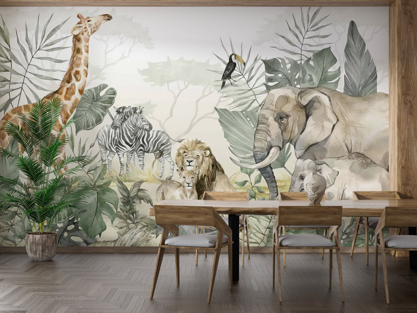 Contemporary safari theme wall mural with botanical accents.