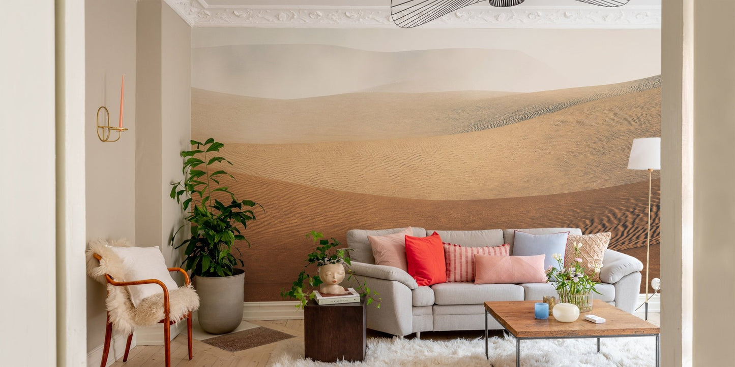 Beige sandstorm dune patterned wallpaper mural for a calm home interior.