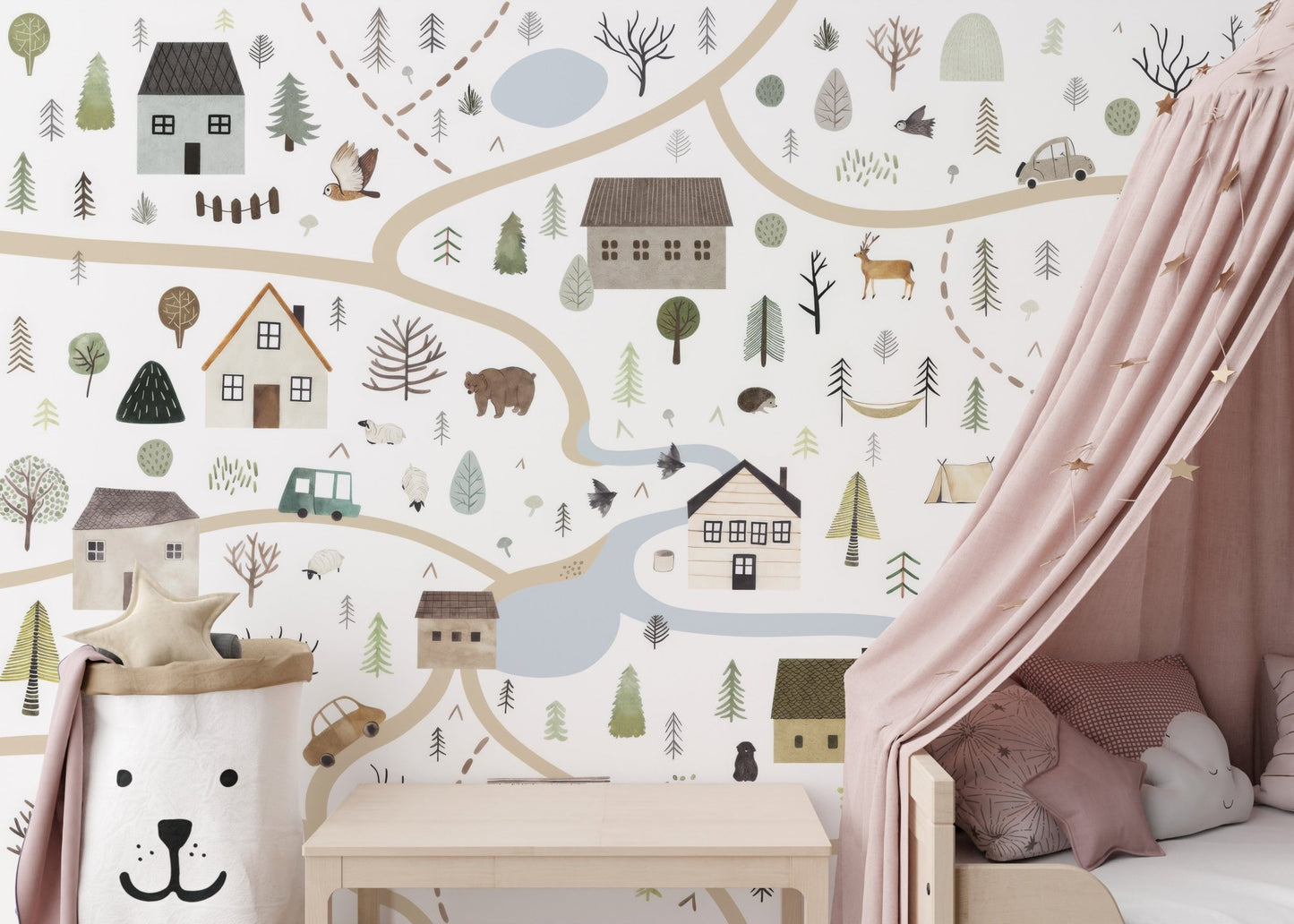 Contemporary scenic road wall mural with woodland scenery.