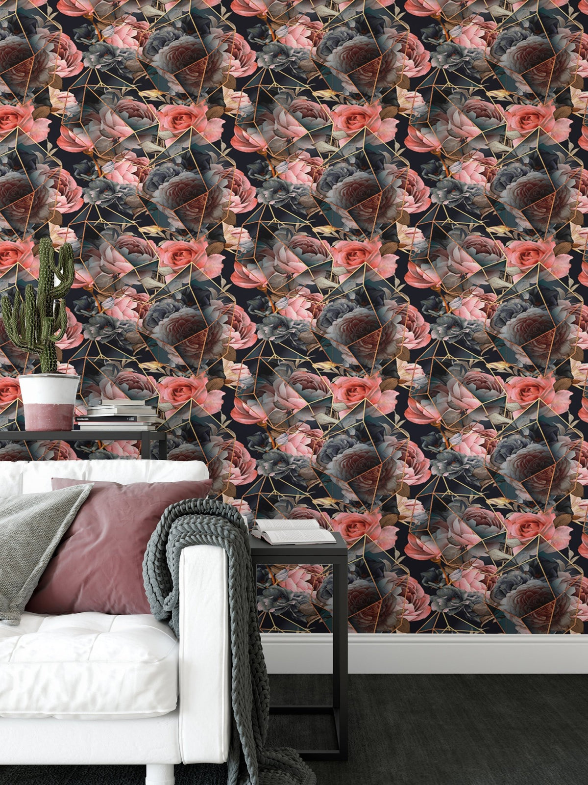 Dark floral wallpaper as a backdrop for a white sofa and side table