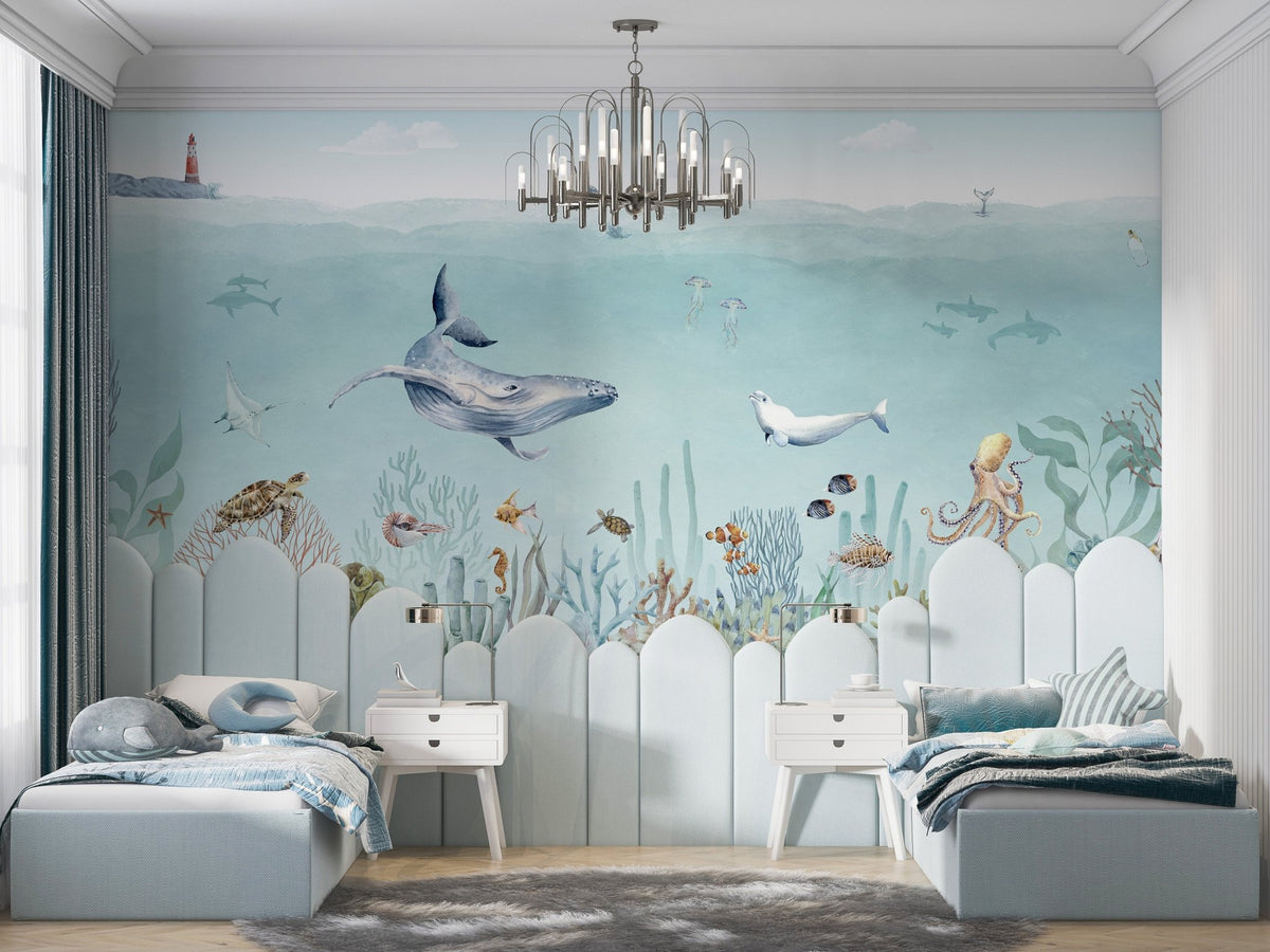 Light blue marine themed sea life wall mural for interiors.
