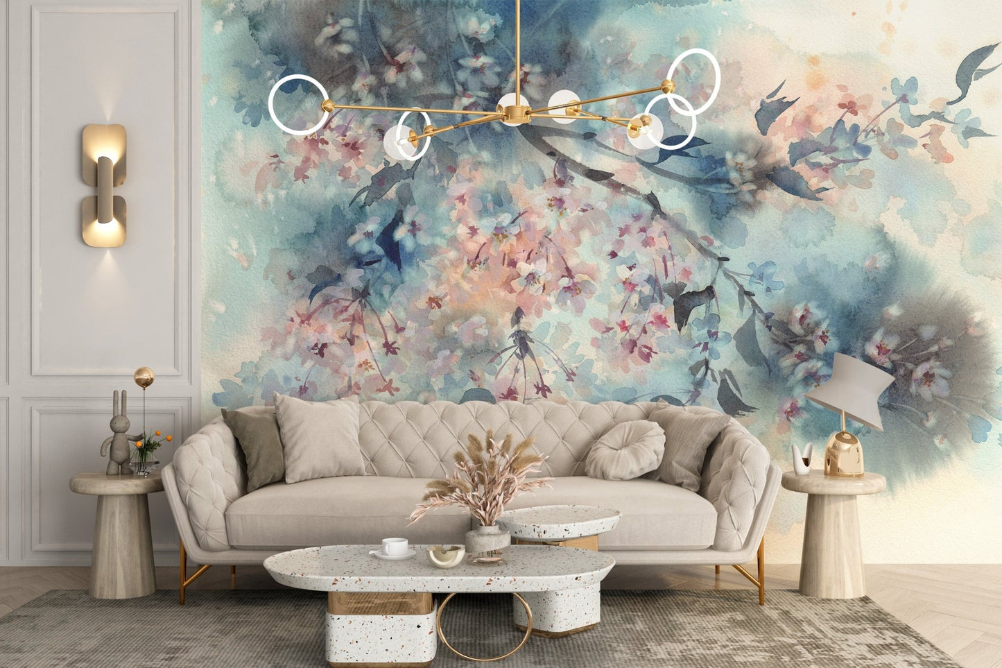 Sophisticated peach petal mural for a modern home interior.