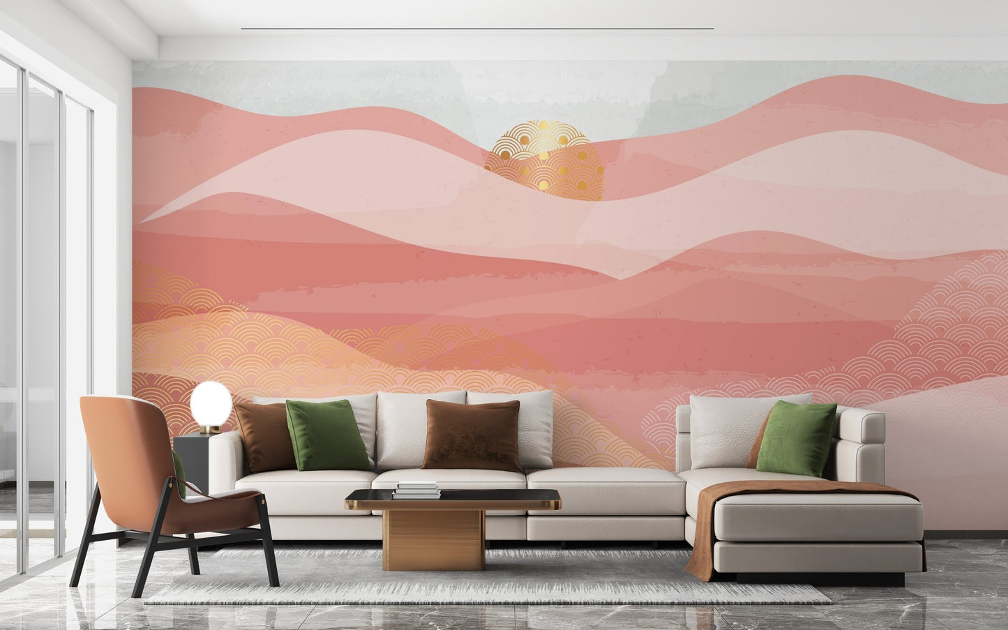 Self Adhesive Pink Surf Serenade Wall Murals in a lounge with a grey sectional.