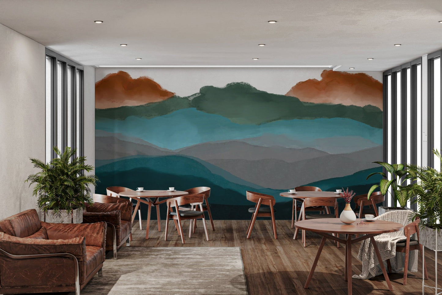 Serene mural with flowing abstract mountain forms on dining room walls.