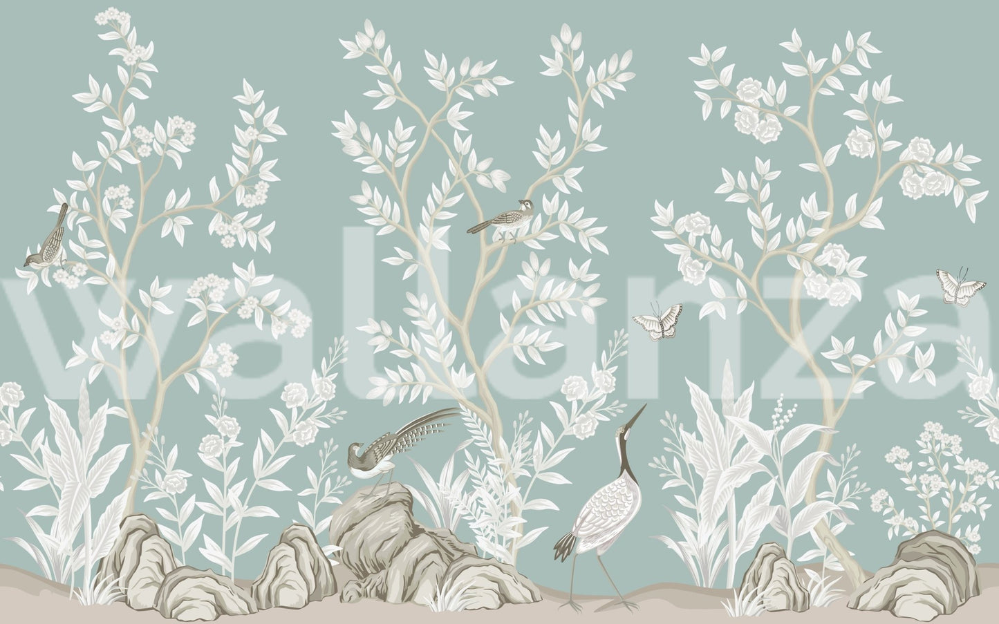 Full view of Serene Aviary Garden Wall Mural with botanical artwork