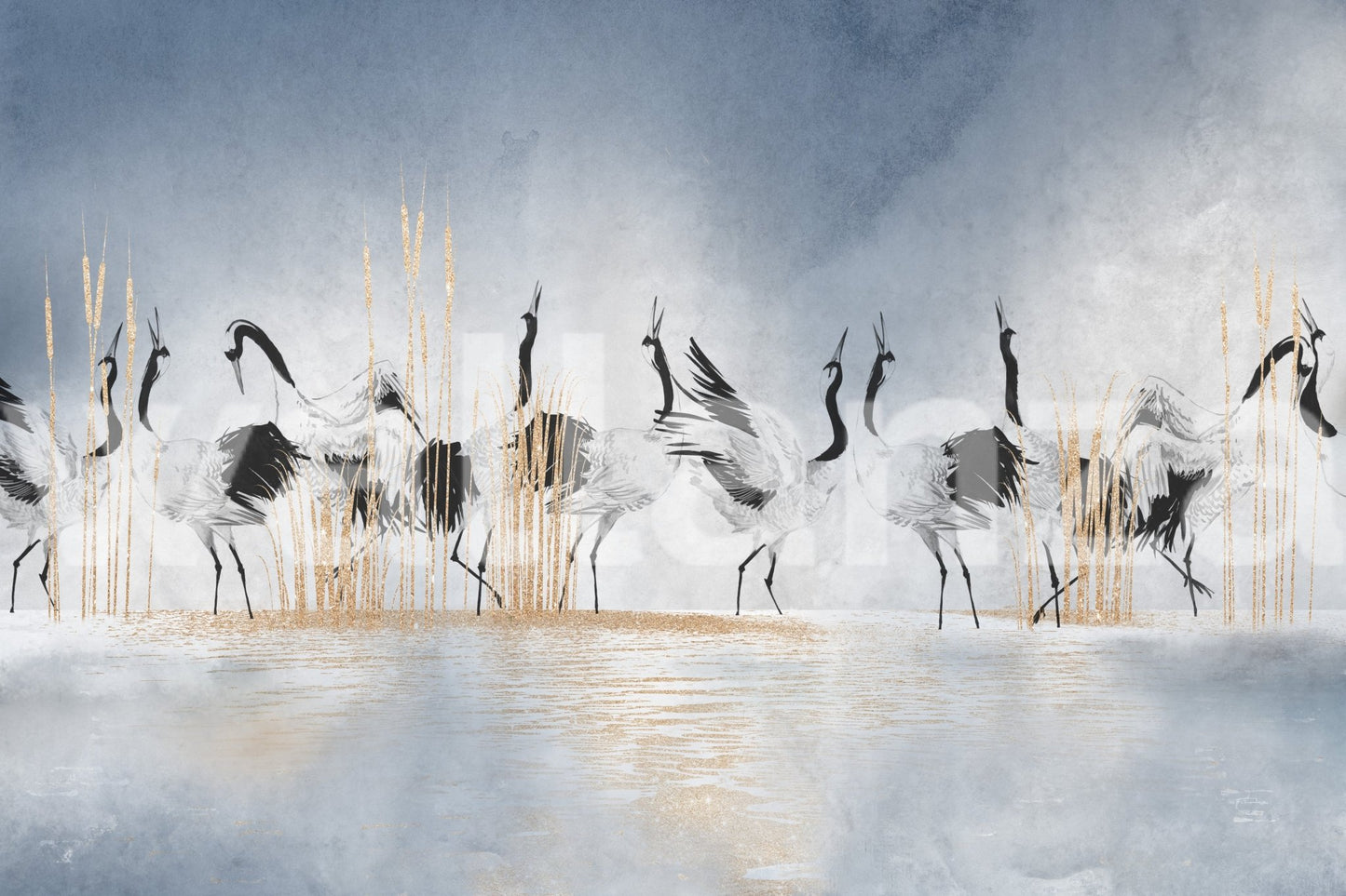 Blue and gold crane wall mural spanning a large interior feature wall.