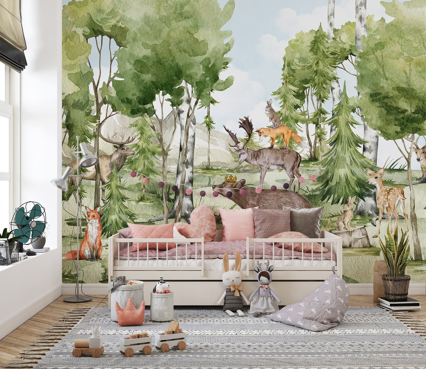 Artistic forest panorama wall mural with bear fox and deer.
