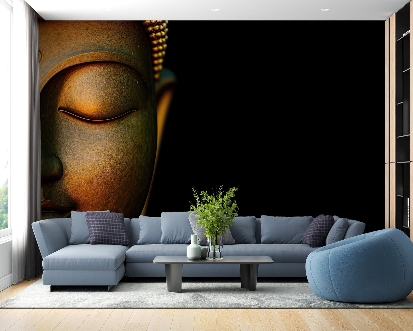 Statement buddha wall mural in rich metallic color wallpaper style.
