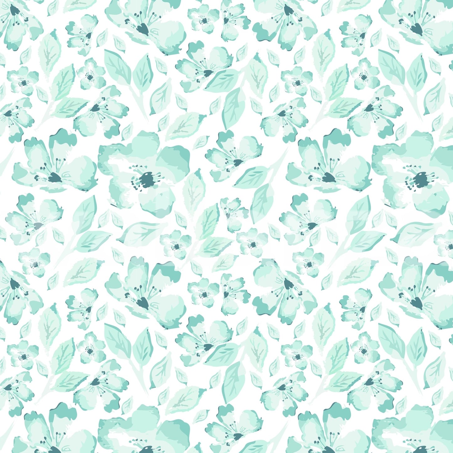 Serene Petals Wallpaper swatch showing teal and mint watercolor flowers.