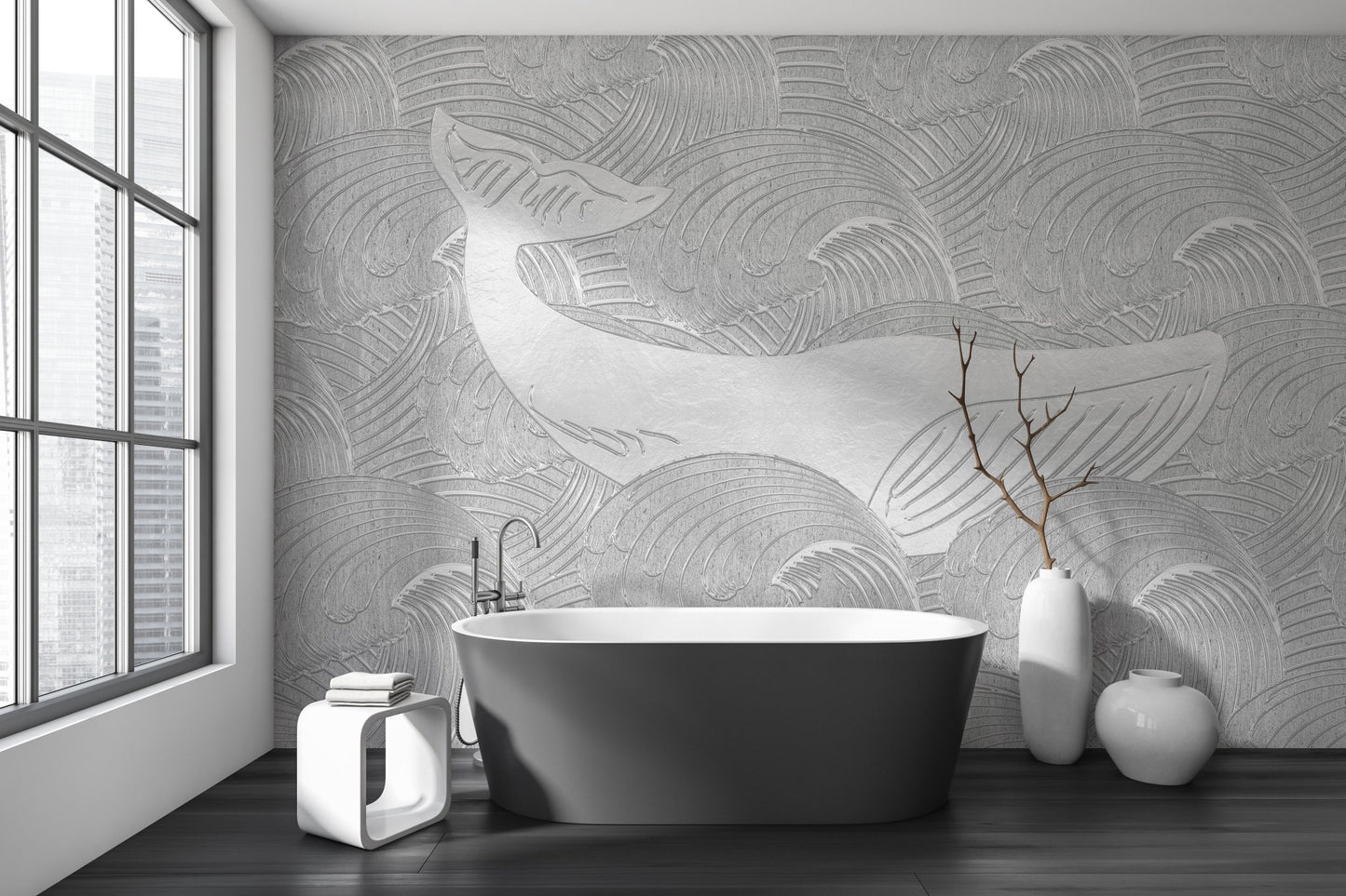 Monochrome whale wall mural in a modern bathroom with a black bathtub.