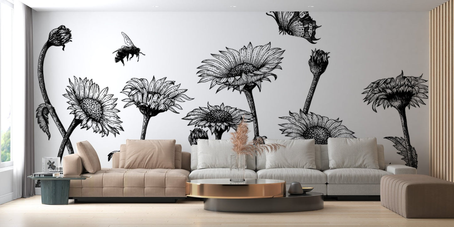 Monochrome Sketch of Sunflower Field Wall Murals in a contemporary sitting room.