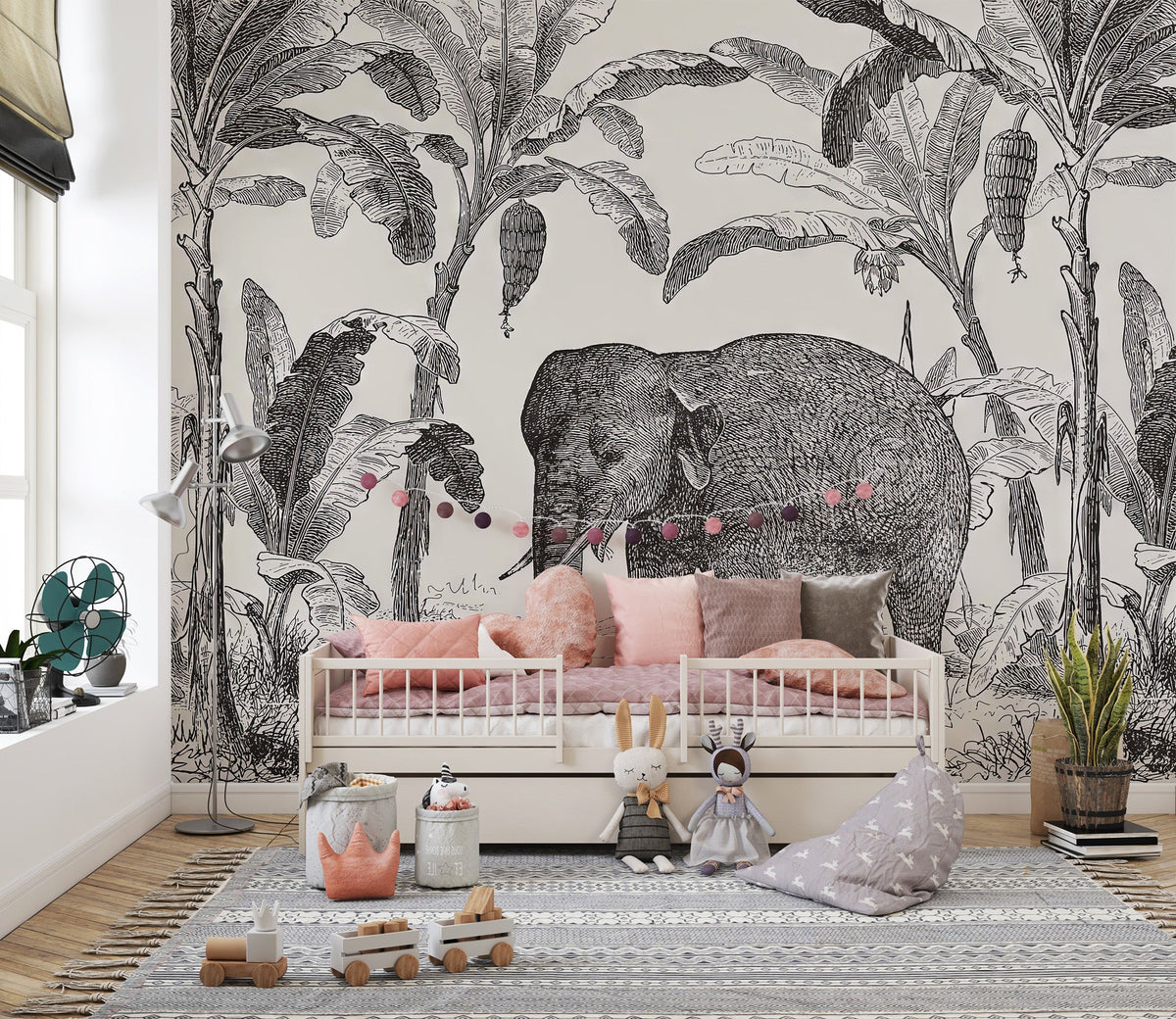 Monochrome elephant wallpaper mural for a contemporary living area.