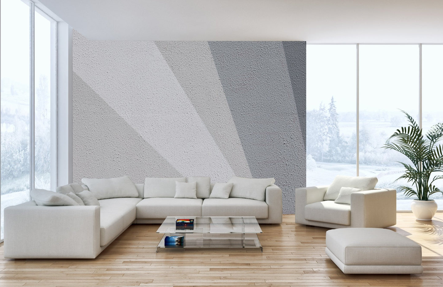 Sleek textured concrete mural adding depth to urban-style living room walls.