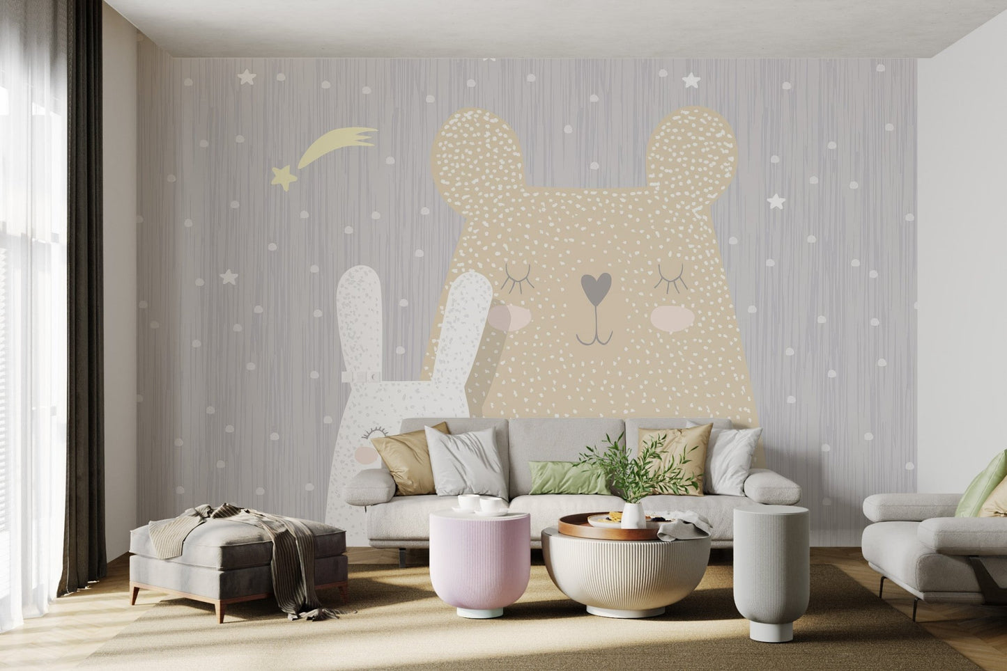 Starry grey sky wall mural with sleeping animals for living room interior