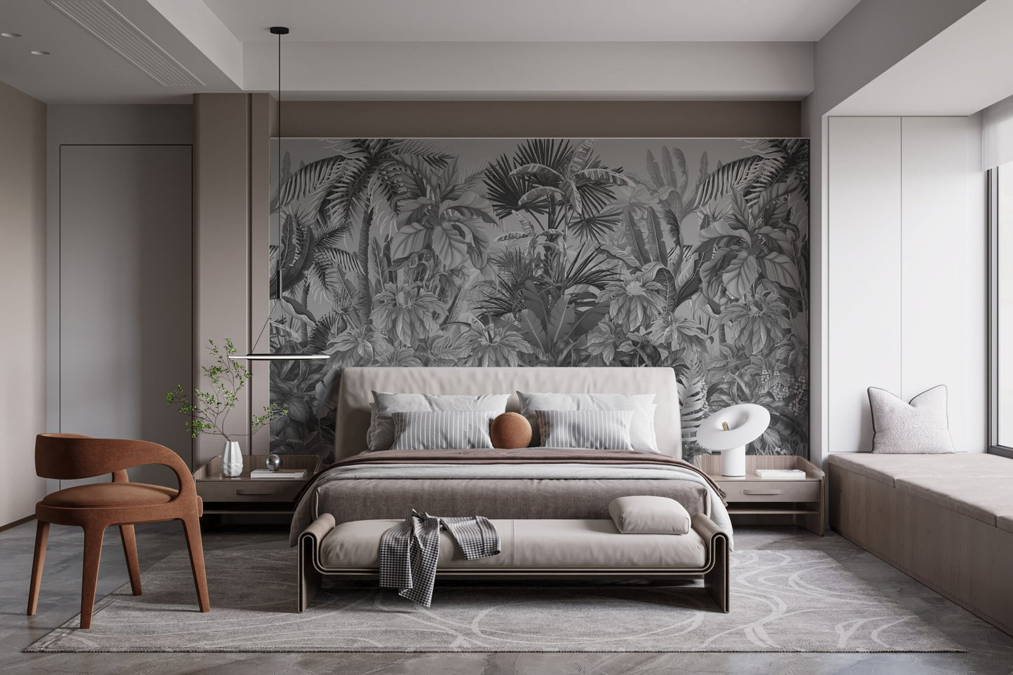 Contemporary bedroom setting with a grey tropical forest wall mural and bench.