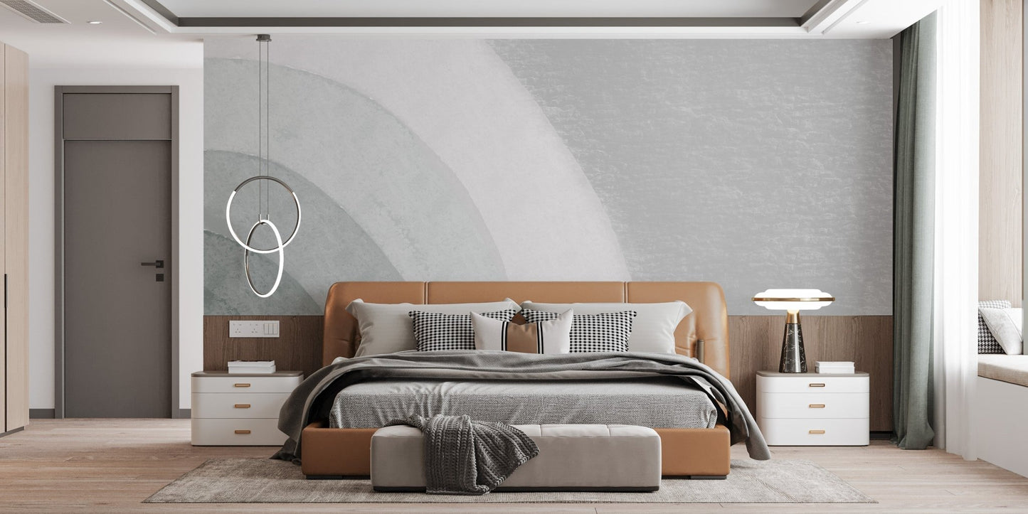 Minimal geometric wallpaper mural with soft curved layers.