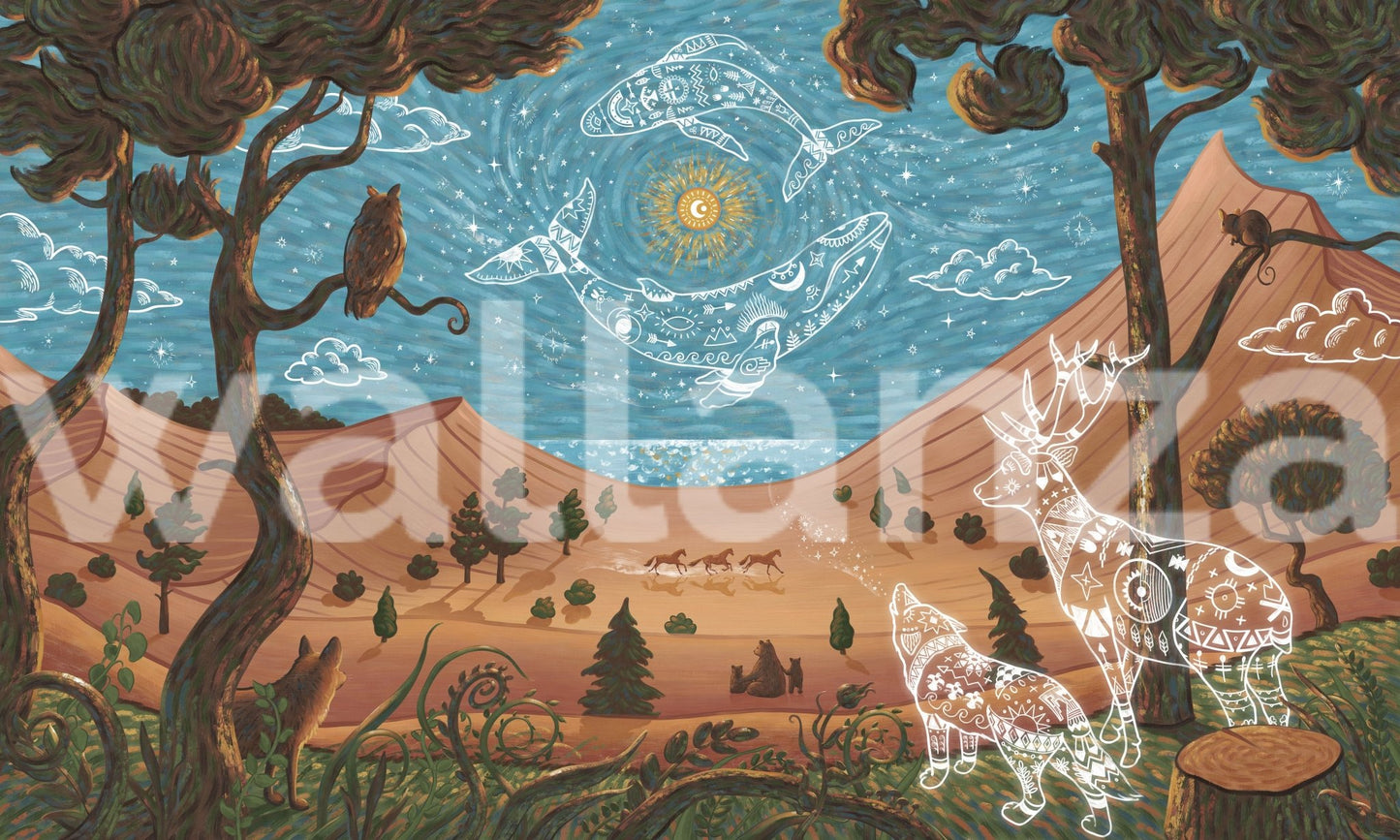 Spirit Night Wall Mural highlighting a sun and moon design in a nursery.