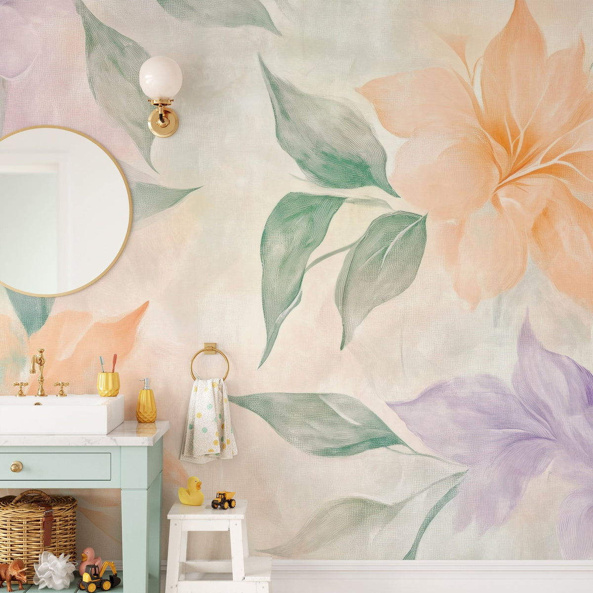 Botanical whisper wallpaper mural with peach and violet flower pattern.