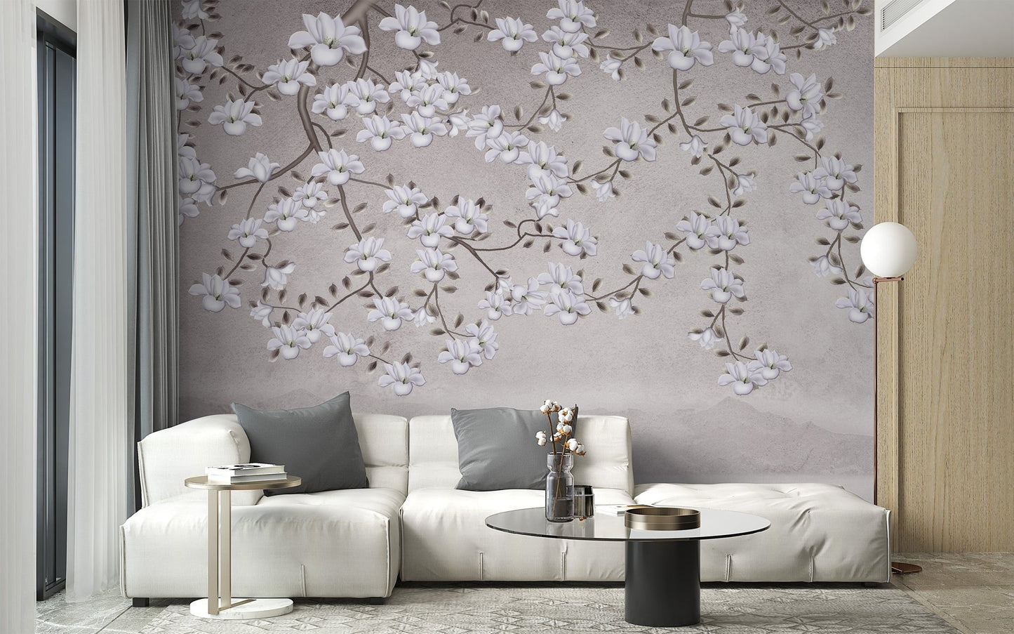Springtime floral wall mural in minimalist botanical artwork style.