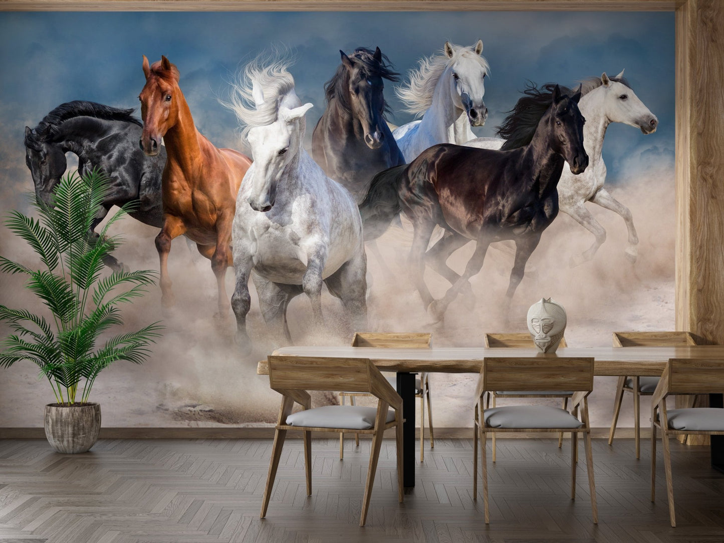 Wild horses in desert storm wall mural in modern dining room.