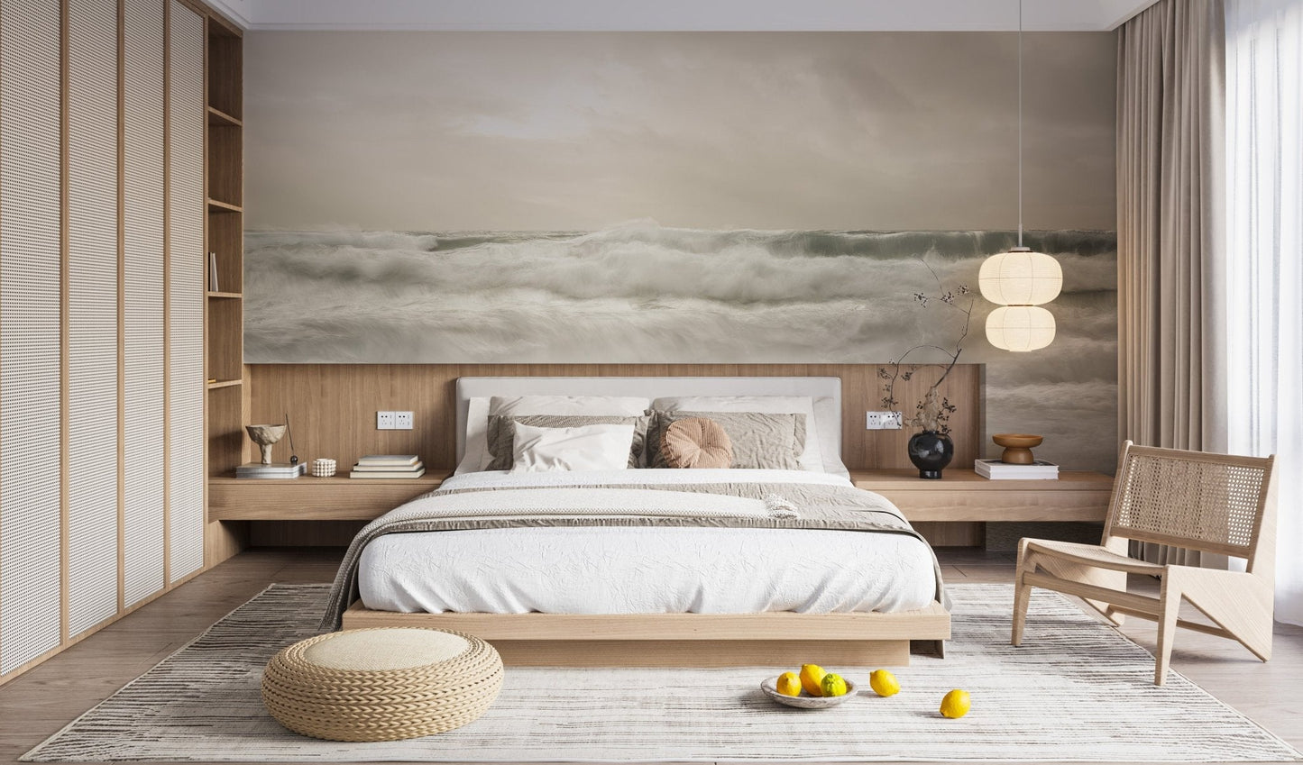 Wide ocean horizon wallpaper mural with foamy waves and mist layers.