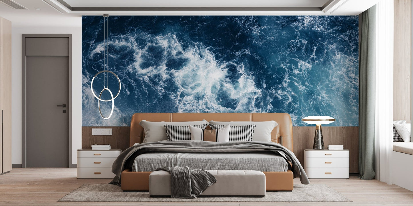 Luxury bedroom featuring a dark teal glacier-themed wall mural.